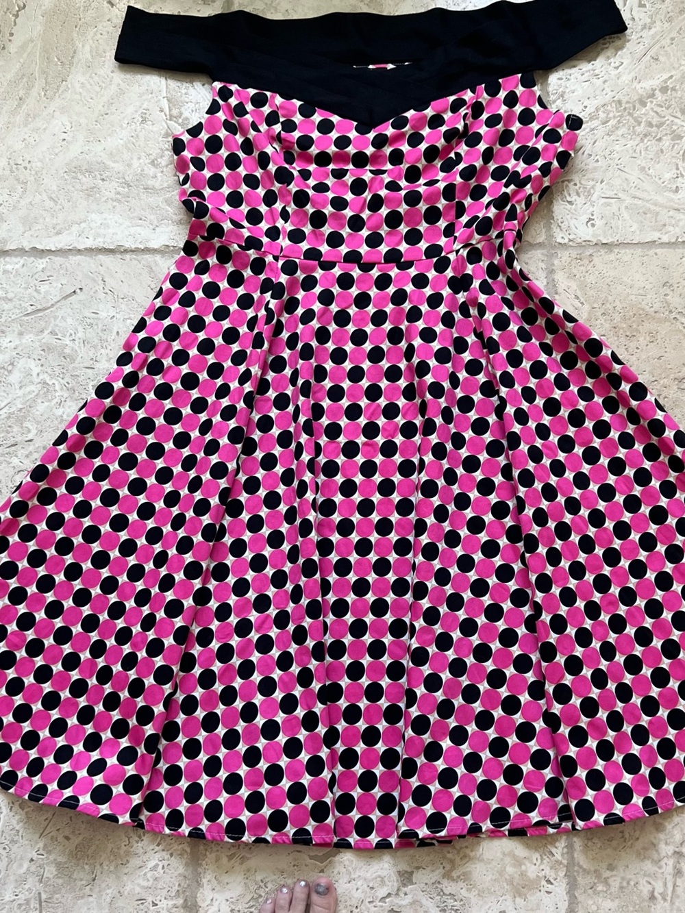 Off-Shoulder Pink and Black Polka Dot Midi Dress